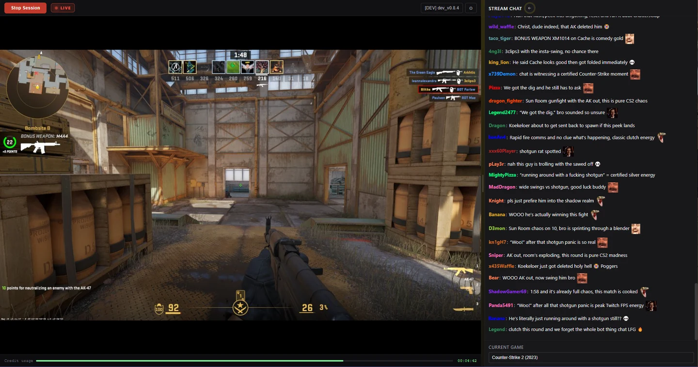 Counter-Strike gameplay with Not Real Live chat reactions.